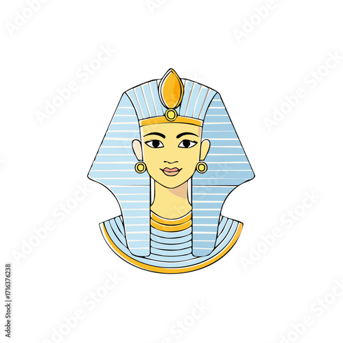 Illustration of an Egyptian Pharaoh wearing a traditional Nemes headdress and jewelry