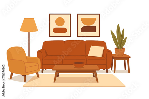 Cozy living room interior design concept. Flat vector illustration of home furniture set. Mid-century modern sofa, armchair, lamp, houseplant and minimalist abstract wall art.