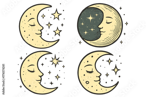Set of four crescent moon illustrations with a face in different whimsical, celestial styles. Vector cartoon collection of sleeping moons and stars for mystical boho design.