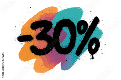 Sprayed 30 percent off graffiti. Urban street art style sale tag. Vector discount promotion with overspray texture on abstract shape. Stencil font. Thirty percent reduction.