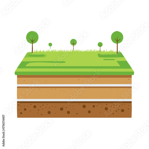 Detailed illustration of earth layers with green grass soil and small trees environmental concept