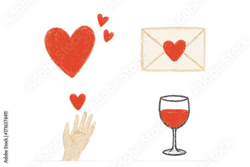 Valentine's Day icon set with charcoal pastel texture. Hand-drawn romantic elements: hearts, love letter, hand giving love, and wine glass for celebration. Minimalist crayon art.