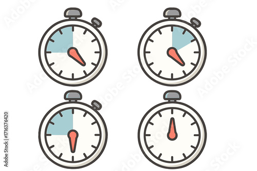 Stopwatch timer icon set with different time intervals. Simple clock face showing countdowns of seconds or minutes. Vector illustration for deadline, speed, sport, and time measurement.
