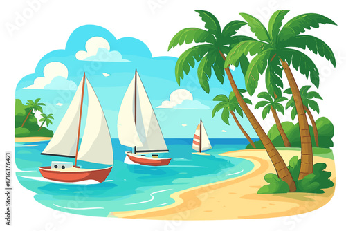 Sailboats navigating clear turquoise waters near tropical beach with lush palm trees under bright sunny sky, summer vacation, sea sailing, coastal landscape vector illustration