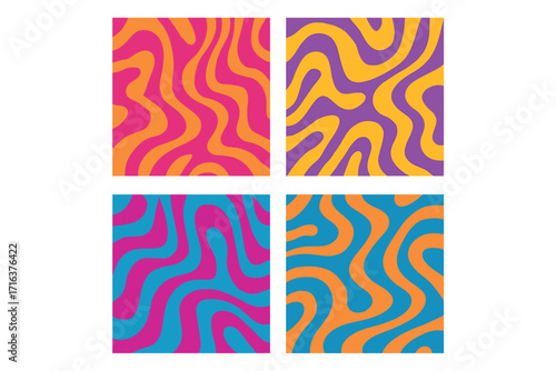 Set of colorful psychedelic square patterns with abstract organic striped shapes, trendy retro duotone backgrounds with 90s and 00s style, vibrant flat vector cartoon designs