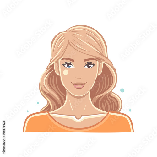 Smiling young woman with blonde hair and orange top, looking at viewer.