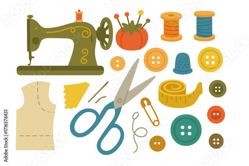 Creative flat vector illustration of vintage sewing machine, colorful spools, buttons, scissors, measuring tape, pins, and sewing accessories in cartoon style for craft and tailoring