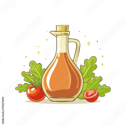 Glass bottle with orange liquid and fresh tomatoes and green leaves illustration