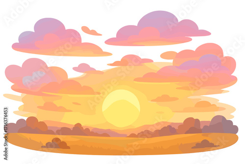 Colorful pastel clouds and glowing sun during serene sunset landscape, vector cartoon illustration with transparent background, peaceful sky scene, nature horizon view