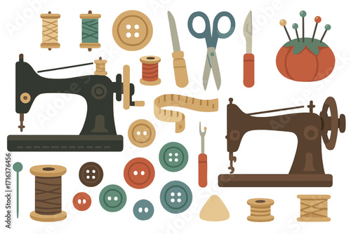 Vintage sewing tools and materials flat vector illustration with classic machines, colorful spools, assorted buttons, scissors, pins, tape measure, and accessories in creative layout
