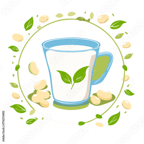 Plant based soy milk in a glass mug with soybeans and leaves forming a decorative circular frame