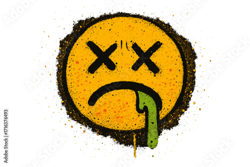 Graffiti sick face emoticon. Sprayed urban street art concept. Scary dead smile icon. Nausea, puke, toxic, poison symbol. Textured vector illustration with splash & drop.