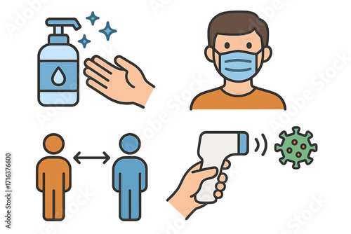 Health and safety measures during a pandemic. Icon set with face mask, social distancing, hand sanitizer and temperature check. Coronavirus disease prevention and protection.