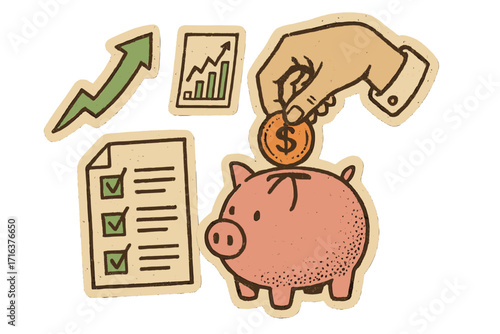Trendy Y2K style collage of hand putting coin into piggy bank, grunge paper stickers of financial planning, investment growth charts, checklist, money saving concept vector illustration