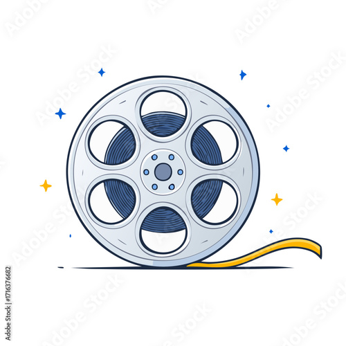 Vintage film reel with yellow film strip and stars