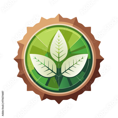 Green leaf emblem with stylized natural growth and a circular badge design