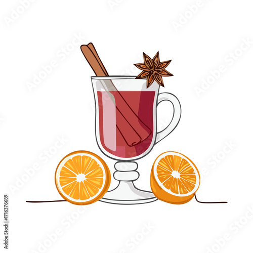 Mulled Wine Glass with Cinnamon Sticks Star Anise and Orange Halves Warm Winter Drink