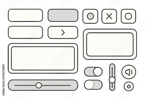 Minimalist user interface design elements with buttons, frames, sliders, toggles, and controls for digital projects, app design, website UI, and software vector illustration