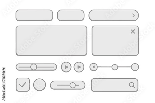 Minimalist User Interface Design Elements with Buttons, Frames, Sliders, and Controls for Digital Projects, UI Components Set, Vector Cartoon Illustration with Transparent Background