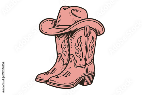 Cowgirl boots and cowboy hat. Pink western wear concept. Vintage wild west theme. Hand drawn retro 60s illustration. Country music graphic. Rodeo apparel design element.