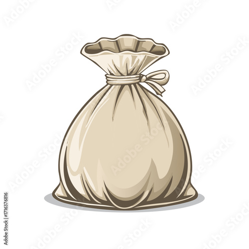 Stylized illustration of a closed burlap drawstring sack with a tied bow