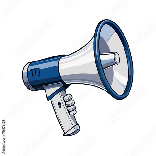 Cartoon illustration of a blue and white megaphone isolated on white.