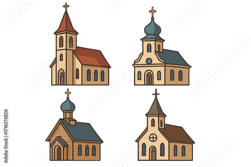 Various traditional church designs with unique architectural styles and features, vector flat illustration, cartoon style, classic religious buildings, Christian places of worship collection