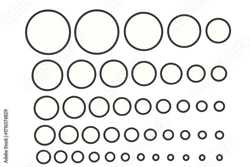 Vector flat illustration of various sized circles arranged in a neat grid pattern, ordered set of round shapes, geometric design, minimalist style, transparent background