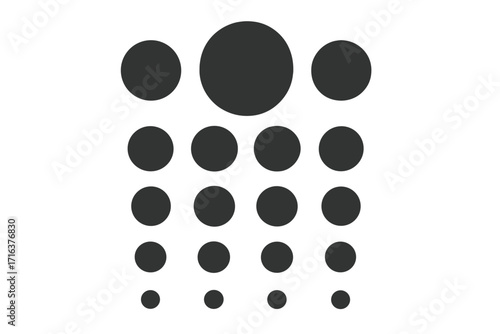 Vector flat illustration with various sizes black circles arranged in grid pattern, ordered set of round shapes, minimalist geometry design, scalable cartoon style transparent background