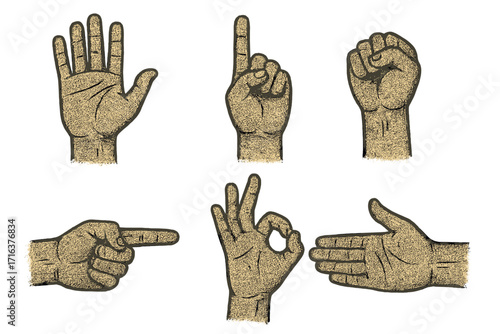 Vintage grungy hand gestures set. Retro collection of halftone hands with signs like fist, pointing finger, ok symbol, and open palm. Vector illustration for posters.