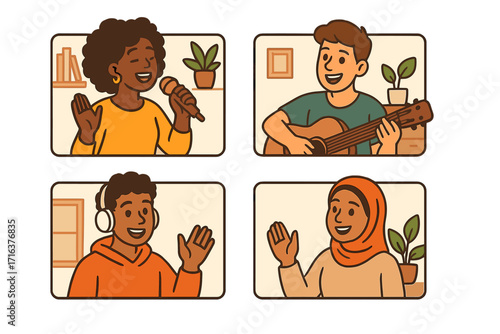 Online event with diverse people on video call. Virtual meeting and communication concept. Man playing guitar, woman singing. Friends chatting online from home. Vector cartoon.