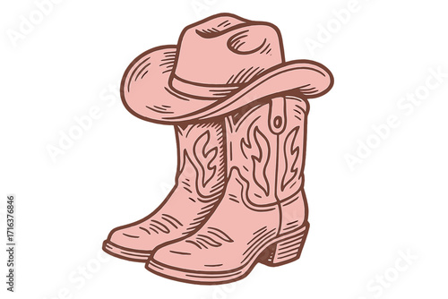 Pink cowgirl boots and cowboy hat vector illustration. Vintage western wild west concept design. Retro country graphic for t-shirt, sticker, poster print. Hand drawn isolated.