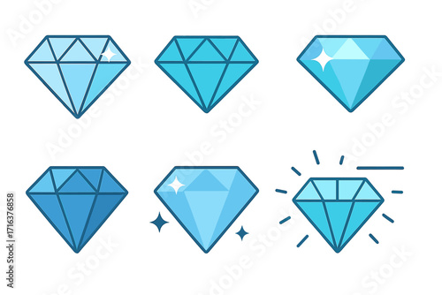 Vector flat illustration of various diamond shapes and colors showcasing different diamond features and styles, shiny gemstones, sparkling jewelry elements, cartoon vector design