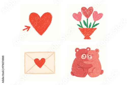 Valentine's Day cards set with real wax crayon texture, hand-drawn romantic elements, heart flowers bouquet, love letter, hugging bears, unusual artistic oil pastel vector illustrations