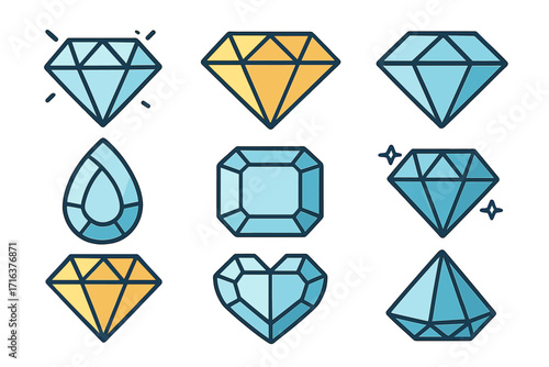 Vector flat illustration of diamond shapes in various designs and colors, showcasing sparkling diamonds, gem styles, and polished gemstones with cartoon style and vibrant colors
