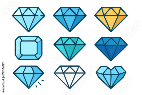 Vector flat illustration of diamond shapes in various designs and vibrant colors showcasing different diamond cuts, styles, sparkling gems, and geometric features for jewelry and luxury concepts