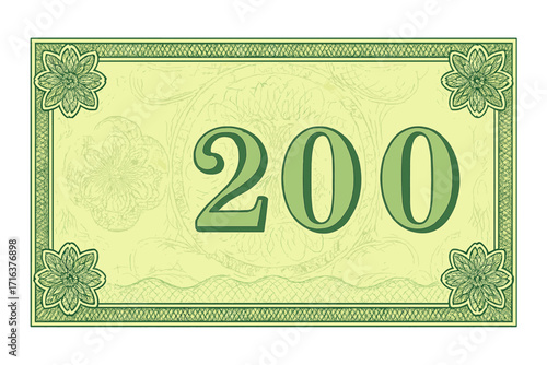 Banknote 200 voucher template with guilloche pattern and watermarks. Money design for gift voucher, coupon, certificate, diploma. Green currency background with security border.