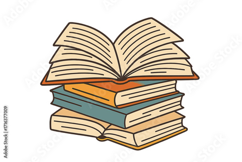 Stack of books with open book on top. Vector illustration for education, knowledge, and learning. Library, bookstore, or school concept. Retro literature and study icon design.