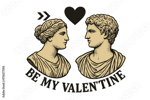 Valentine's Day greeting card with vintage antique busts of a man and woman facing each other, retro style halftone effect, romantic love heart, be my valentine typography design