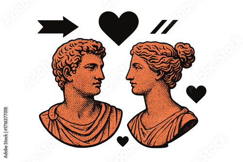 Valentine's Day minimalistic greeting card with antique Roman busts of man and woman, halftone texture, retro style collage, love hearts, arrow, romantic vintage vector design