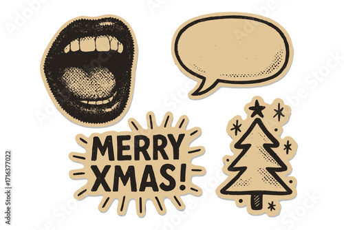 Vintage paper halftone sticker set with open mouth shouting, Christmas tree, merry Xmas holiday greeting, speech bubble doodle elements, festive collage style vector design