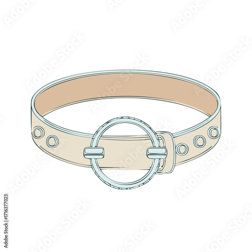 Beige leather choker necklace with large silver O-ring and buckle illustration