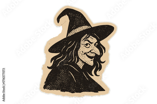 Creepy witch face in hat for Halloween. Vintage halftone illustration on torn paper sticker. Retro 90s zine style cartoon character. Spooky sorceress head for horror design.