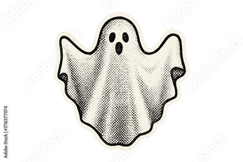 White sheet ghost Halloween sticker. Vintage halftone paper cutout collage. Spooky cute retro character illustration. Dotted zine style art. Cartoon vector graphic element.