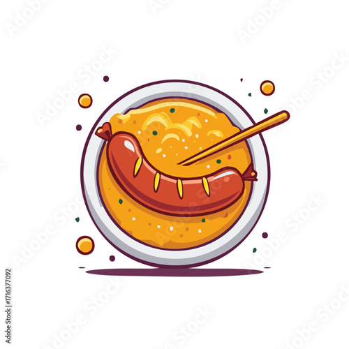Whimsical Sausage Resting on Bed of Mashed Potatoes in a Charming Food Illustration