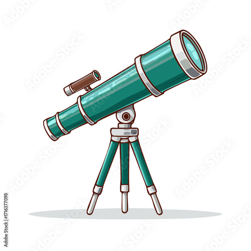 Vibrant green cartoon style telescope on tripod for stargazing and scientific discovery illustration