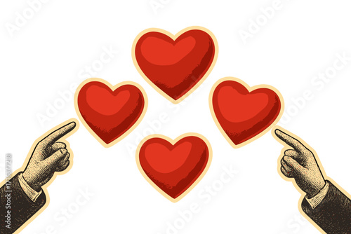 Vintage Valentine's Day banner with halftone style hands pointing at floating 3D red hearts, romantic love concept, retro collage design for holiday celebration vector