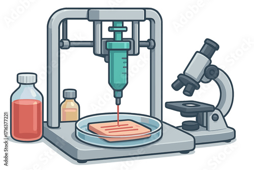 Bioprinting concept. 3D printer creating artificial skin for transplantology. Regenerative medicine. Tissue engineering in a lab. Science research with microscope. Vector.