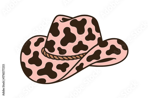 Pink cowgirl hat with cow print pattern. Western country accessory for rodeo or bachelorette party. Nashville groovy retro fashion headwear. Female cowboy graphic element.