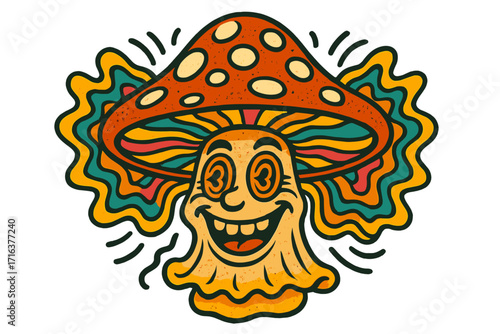 Psychedelic mushroom character in groovy retro 60s style. Happy magic mushroom mascot with a trippy face. Vintage cartoon vector illustration for print. Funky fly agaric.
